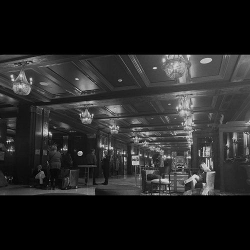 A cinematic black and white landscape From the lobby of the Quebec city chateau hotel 