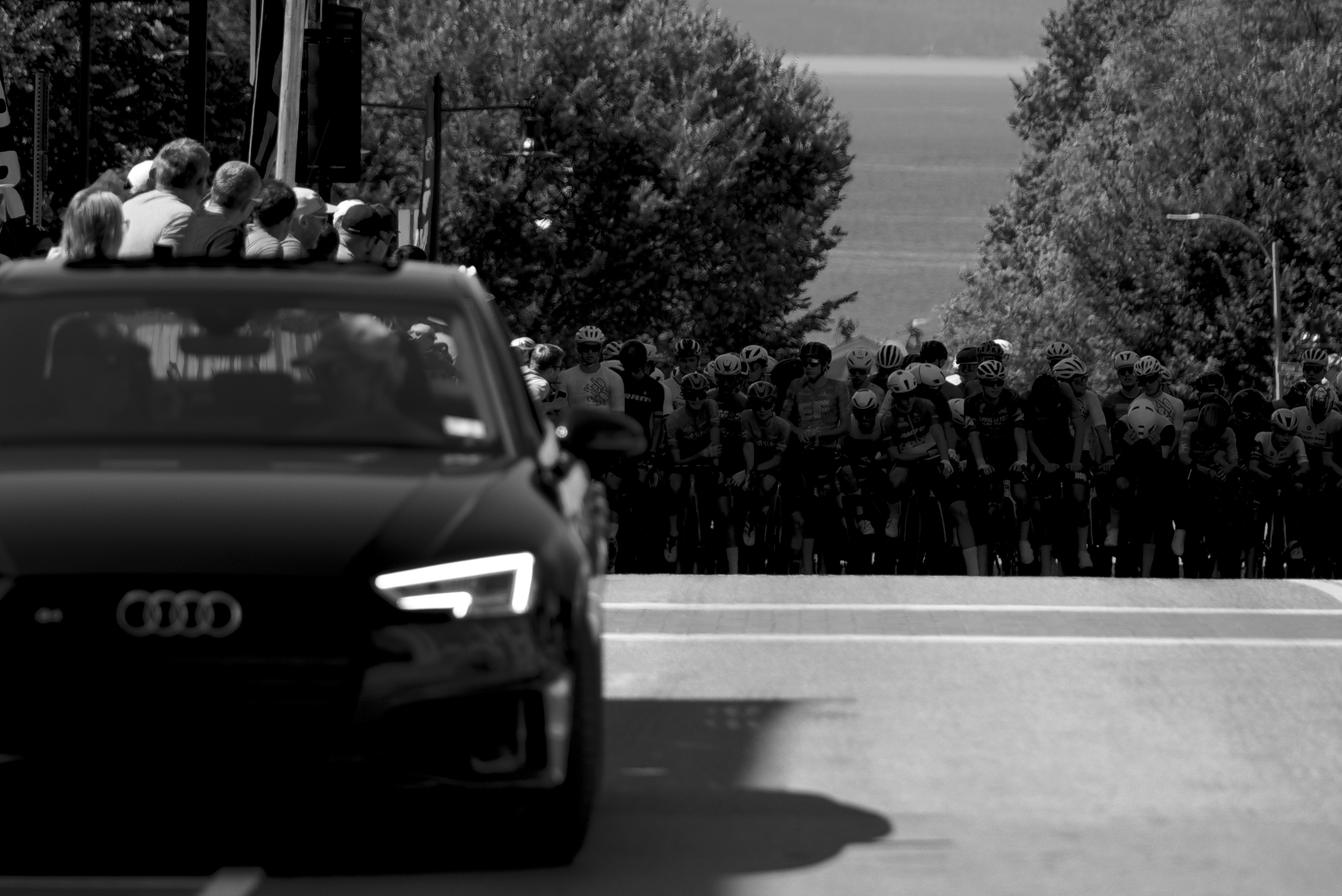 A b&w photo of the starting line of the foruth stage of the Green Mountain Cycling Stage Race.